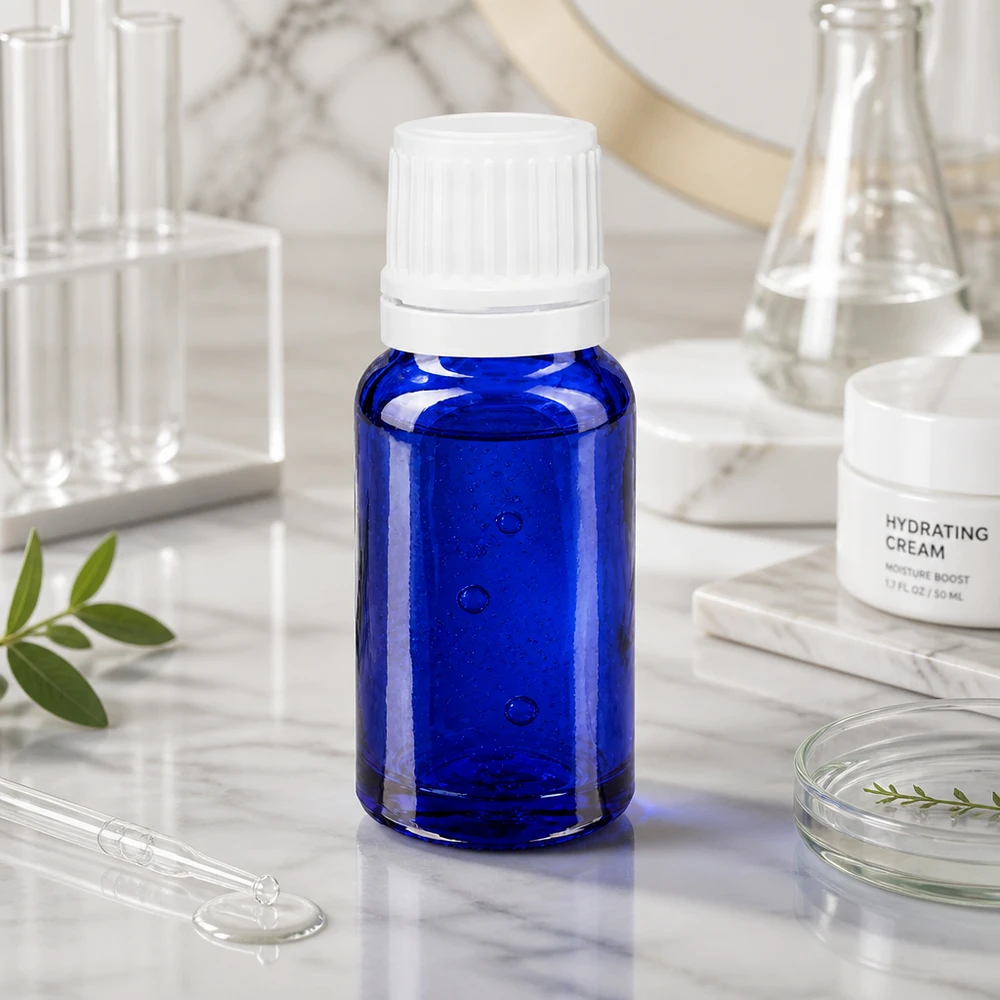 Apteekkipullo sininen 10ml ruuvikorkki valkoinen peukaloinnin estävä suljin 10 ml:n valolta suojaava pullo, sininen, valkoisella kierrekorkilla, marmorilla laboratorioastioiden vieressä