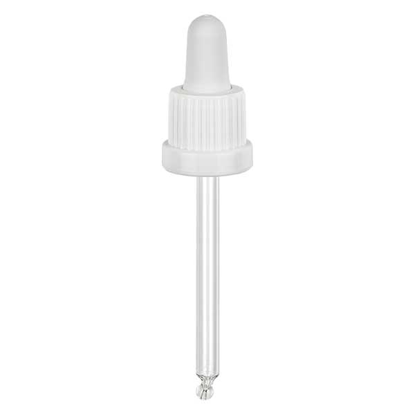 Lasinen tippapipetti valkoinen/valkoinen 18mm PL78 sulkeminen väärentämisen estävällä sulkimella. Lasinen tippapipetti valkoinen/valkoinen 18mm PL78 sulkeminen väärentämisen estävällä sulkimella.