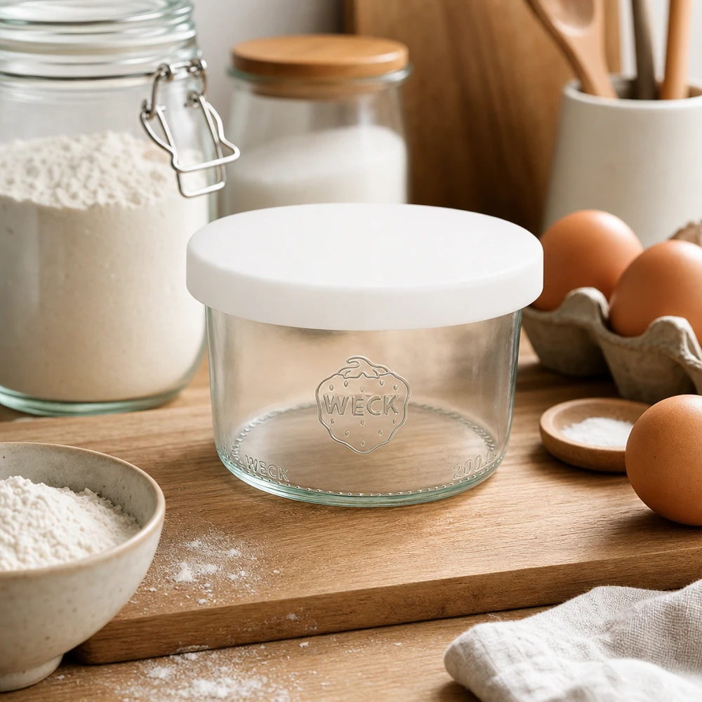 WECK Sturzglas 200ml RR80 leer mit weißem Silikondeckel in Backküche mit Mehl Eiern und Backzutaten zum Backen