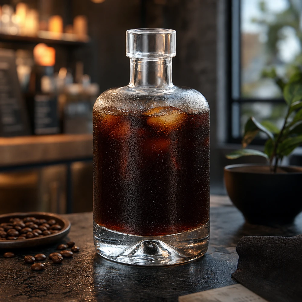50 ml:n lasipullo Amelie täynnä kylmää kahvia kahvipapujen vieressä osoittaa käytön juomille ja väkeville alkoholijuomille.