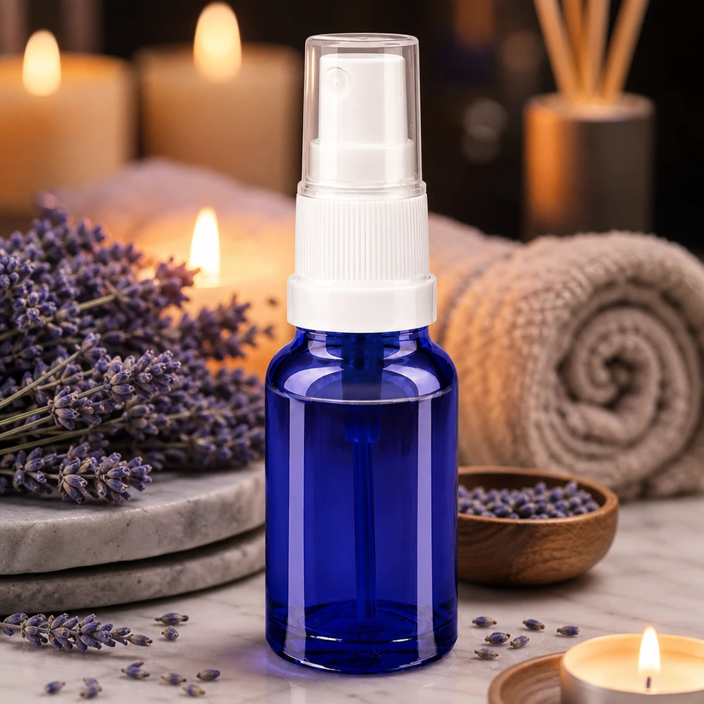 10ml suihkepullo valkoinen/läpinäkyvä vakiokorkki BlueLine UT18/10 Pieni 10 ml:n suihkepullo sinisestä lasista, jossa on valkoinen pumppusumutin hienoa sumua varten.