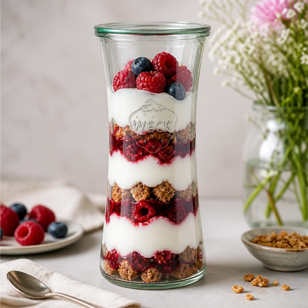 WECK 700ml Delikatessenglas RR80 mit geschichtetem Joghurt-Beeren-Parfait - stylisches Einmachglas für Desserts