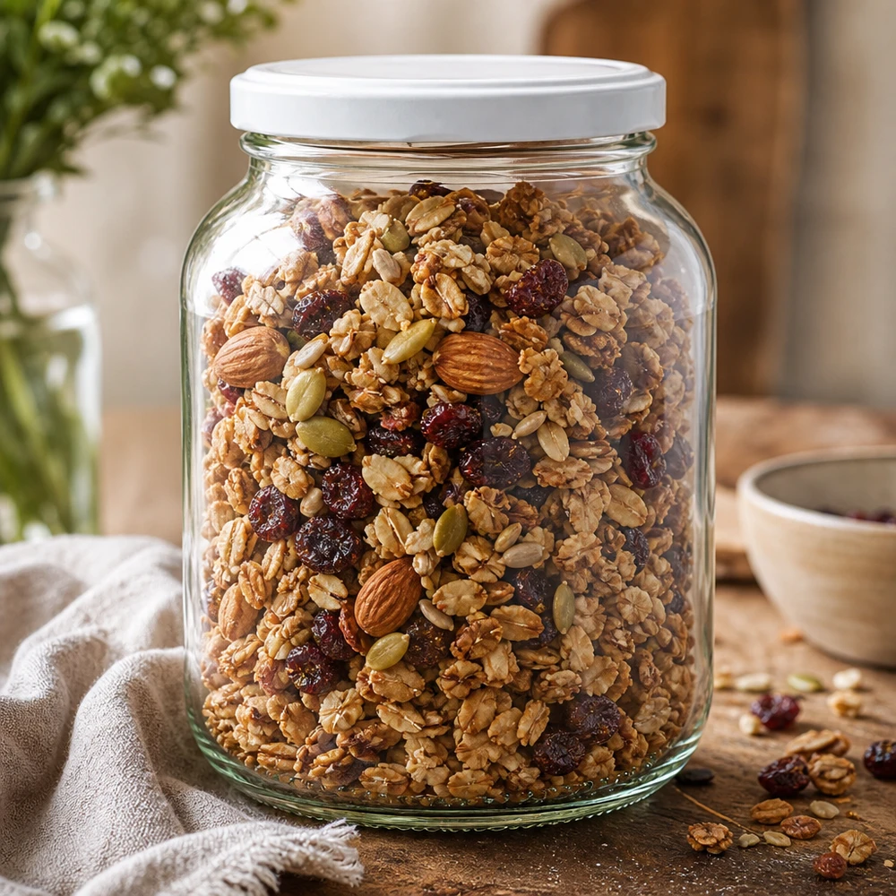 370ml soikea purkki BasicSeal-kannella valkoinen UNiTWIST 370ml soikea purkki UNiTWIST valkoisella kannella täynnä mysliä pähkinöitä kuivattuja hedelmiä granola säilytyspurkki keittiöön