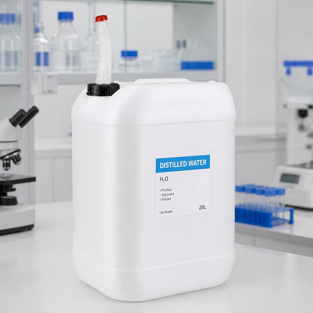 25 litran HDPE-laboratoriokanisteri, jossa on taipuisa ulostuloputki tislatulle vedelle