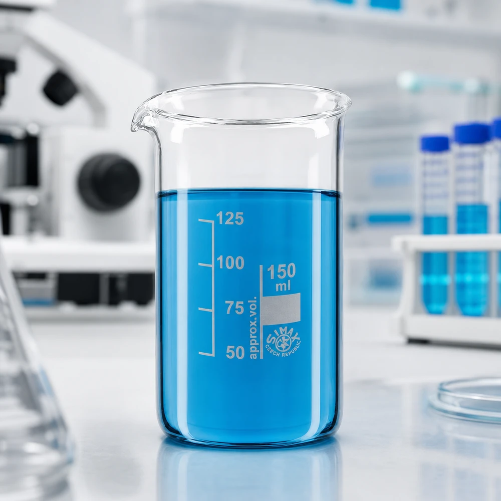 Juomalasi 150ml borosilikaattilasi, korkea muotoinen Laboratorio: 150 ml:n korkea dekantterilasi, jossa on sinistä nestettä valkoisella työtasolla