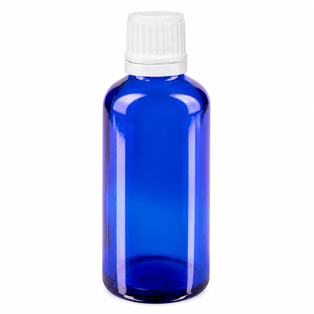 Apteekkipullo sininen 50ml tippapullo tippakorkki 1.2mm valkoinen peukaloinninestokorkki 50 ml:n sininen lasinen apteekkipullo, jossa on valkoinen tippakorkki, 0,7 mm OV
