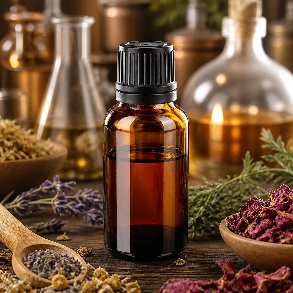 20ml tippapullo meripihkalasista, jossa on uritettu kierrekorkki tarkkaa annostelua varten.