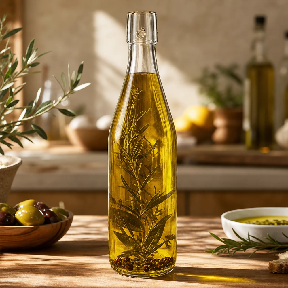 500ml UNiTWIST-lasipullo, joka on täytetty oliiviöljyllä ja yrteillä Välimeren keittiössä, esimerkkinä käytöstä