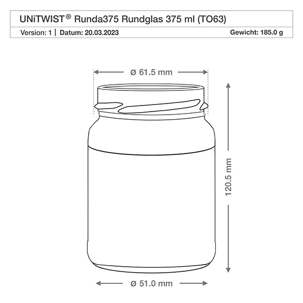 375ml pyöreä purkki ilman kantta (TO63) UNiTWIST UNiTWIST UNiTWIST Runda375 Rundglas 375ml TO63 technische Zeichnung mit Maßangaben Durchmesser 61mm Höhe 120mm Gewicht 185g