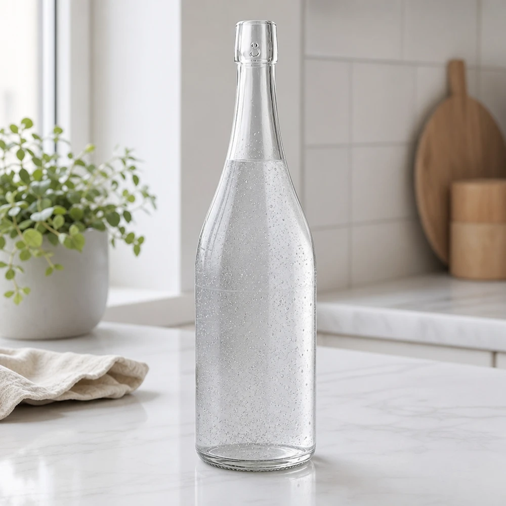 750ml UNiTWIST lasipullo täynnä kuohuvaa vettä moderni keittiö valkoinen marmori työtaso tunnelma
