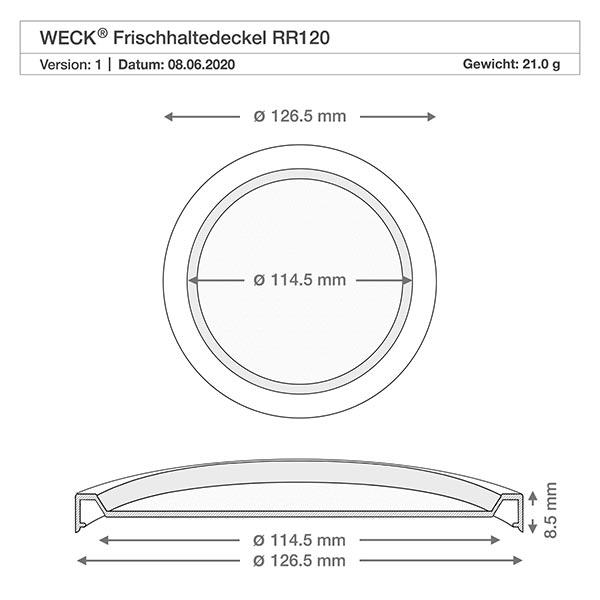 WECK-kansi RR120 Tekninen piirustus WECK RR120 keep-fresh kansi, jonka mitat ovat 126,5 mm ulkohalkaisija 114,5 mm sisähalkaisija.