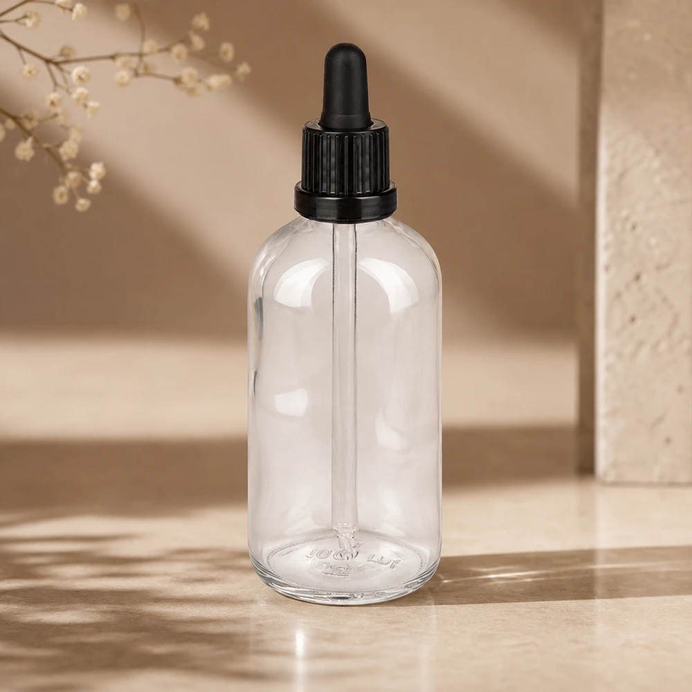 100 ml:n tiputuspullo, kirkas lasi, Boston Round -muoto, musta pipettikorkki, ClearLine UT18