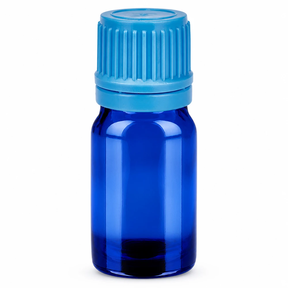 5ml pullo 11mm kierrekorkki sininen väärentämisen estävä korkki BlueLine UT18/5 5ml sininen lasipullo, jossa on kierrekorkki eteerisille öljyille ja kosmetiikalle.