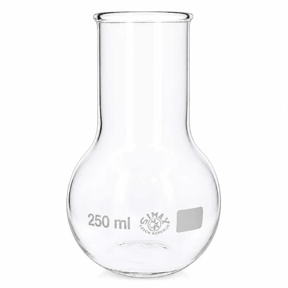 Laadukkaasta borosilikaattilasista valmistettu 250 ml:n pyöreäpohjainen pullo, jossa on leveä aukko tarkkoihin laboratoriosovelluksiin.