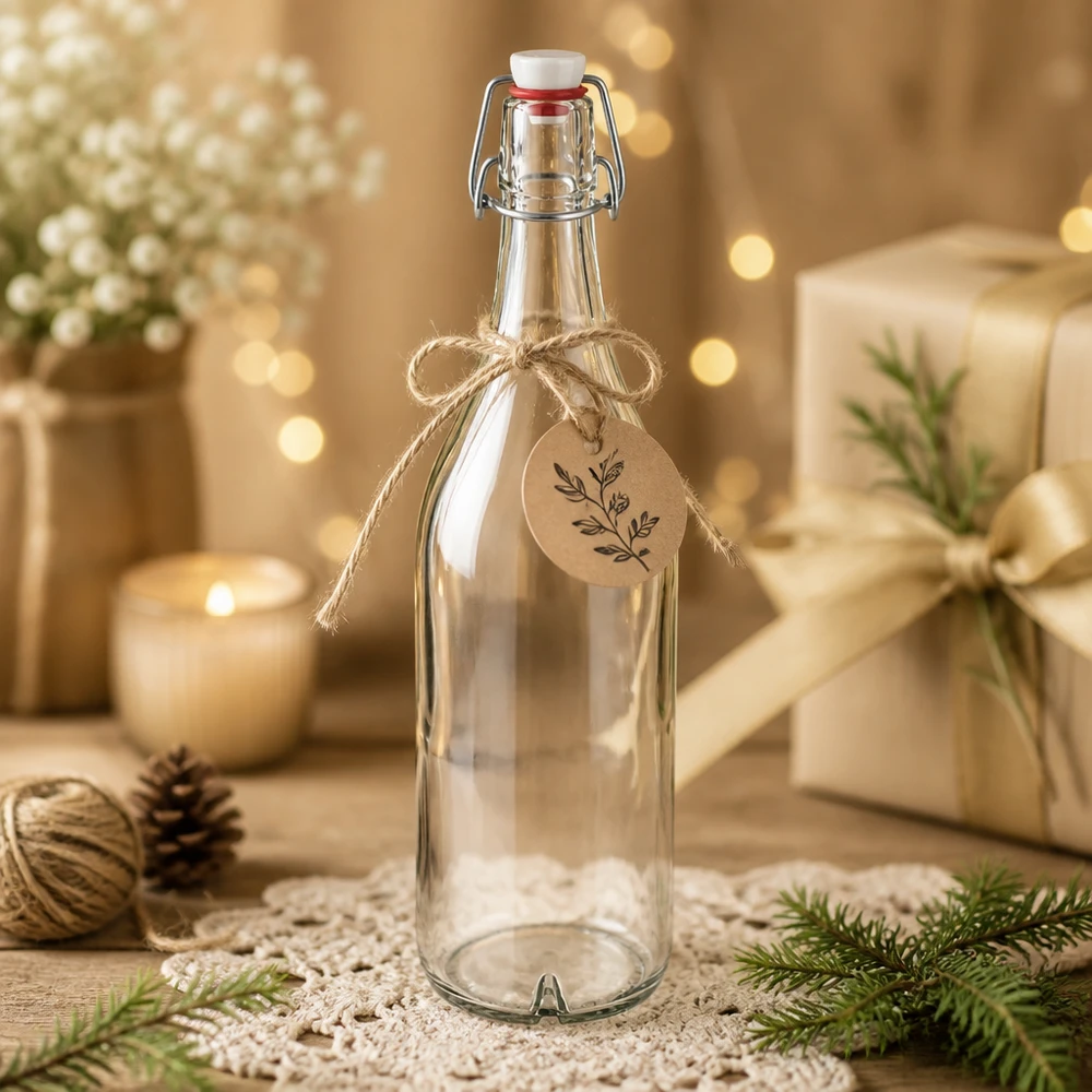 1000ml lasipullo PVC swing top koristeltu jouluksi lahjatunnisteen kanssa maalaismainen tyyli talvi koristelu