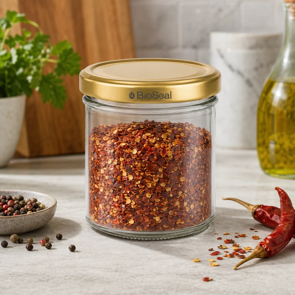 BioSeal 200g maustepurkki täynnä chilihiutaleita kultainen kansi Keittiökohtaus, jossa on pippureita ja chiliä