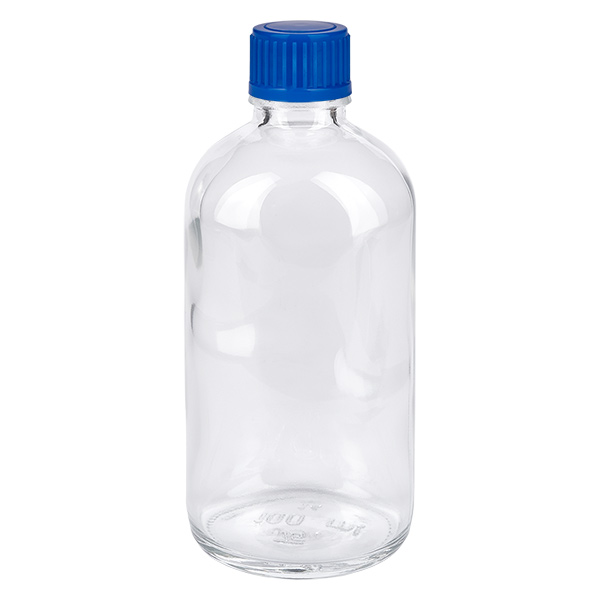 100ml pullo 11mm kierrekorkki sininen Standard ClearLine UT18/100 100 ml:n lasipullo, jossa on sininen kierrekorkki, ClearLine UT18, läpinäkyvä kirkaslasi