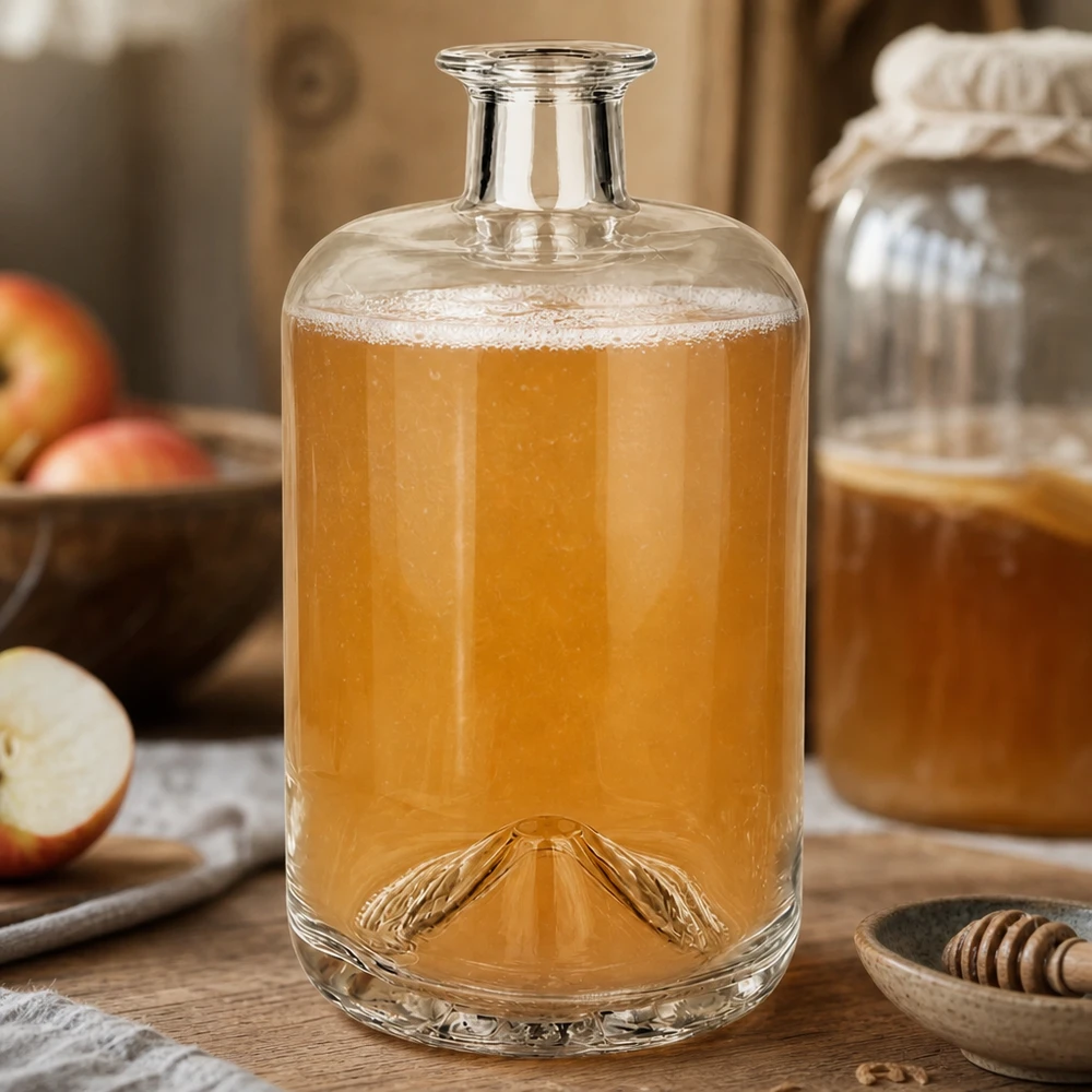 700ml Apothekenflasche "Classic" ohne Verschluss UNiTWIST® 700ml Sofia-lasipullo täynnä omenamehua, jota ympäröivät tuoreet omenat ja hunaja maalaismainen keittiömaisema.