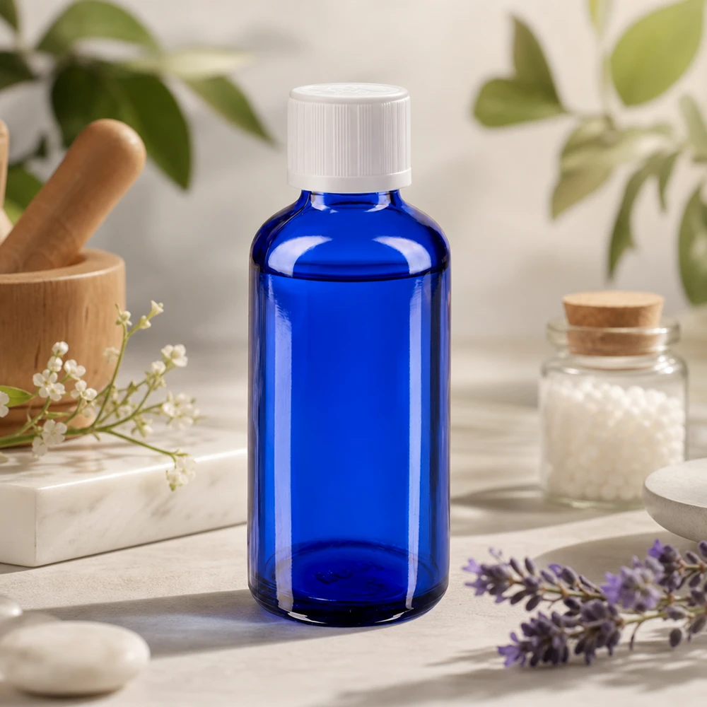 Sininen 50 ml:n lasipullo, jossa on valkoinen kierrekorkki, Mörser-laventelin ja homeopaattisten rakeiden vieressä