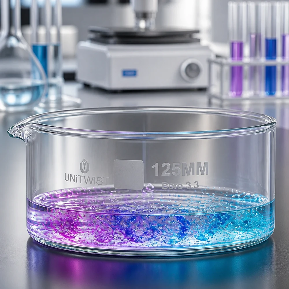 Kiteytysastia ø125mm borosilikaattilasi UNiTWIST UNiTWIST 125 mm:n UNiTWIST Boro 3.3 -kiteytysastia, jossa on violettisininen reaktioliuos laboratoriopinnalla