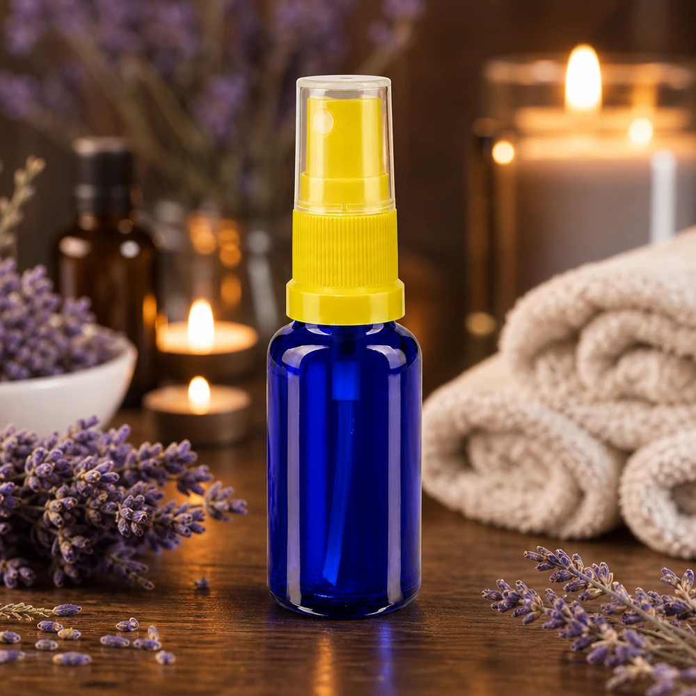 Kompakti 20 ml:n aromisuihkupullo sinisestä apteekkilasista, jossa on keltainen pumppupää ja laventelikukkia