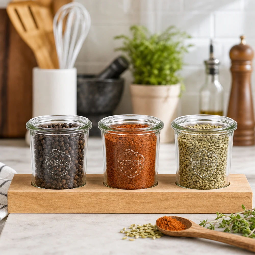 Mausteet WECK-maljoissa 140ml tarjoilulautasella Plano3 Pippurit Paprika Fenkolinsiemenet Keittiöorganisaatio