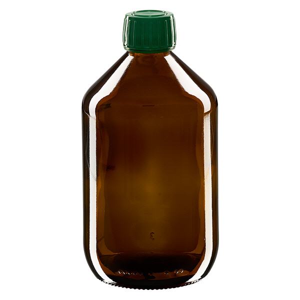 500ml lääkepullo ruskea, korkki vihreä, jossa peukaloinnin estävä rengas ApoGlas 500ml lääkepullo ruskea, korkki vihreä, jossa peukaloinnin estävä rengas ApoGlas