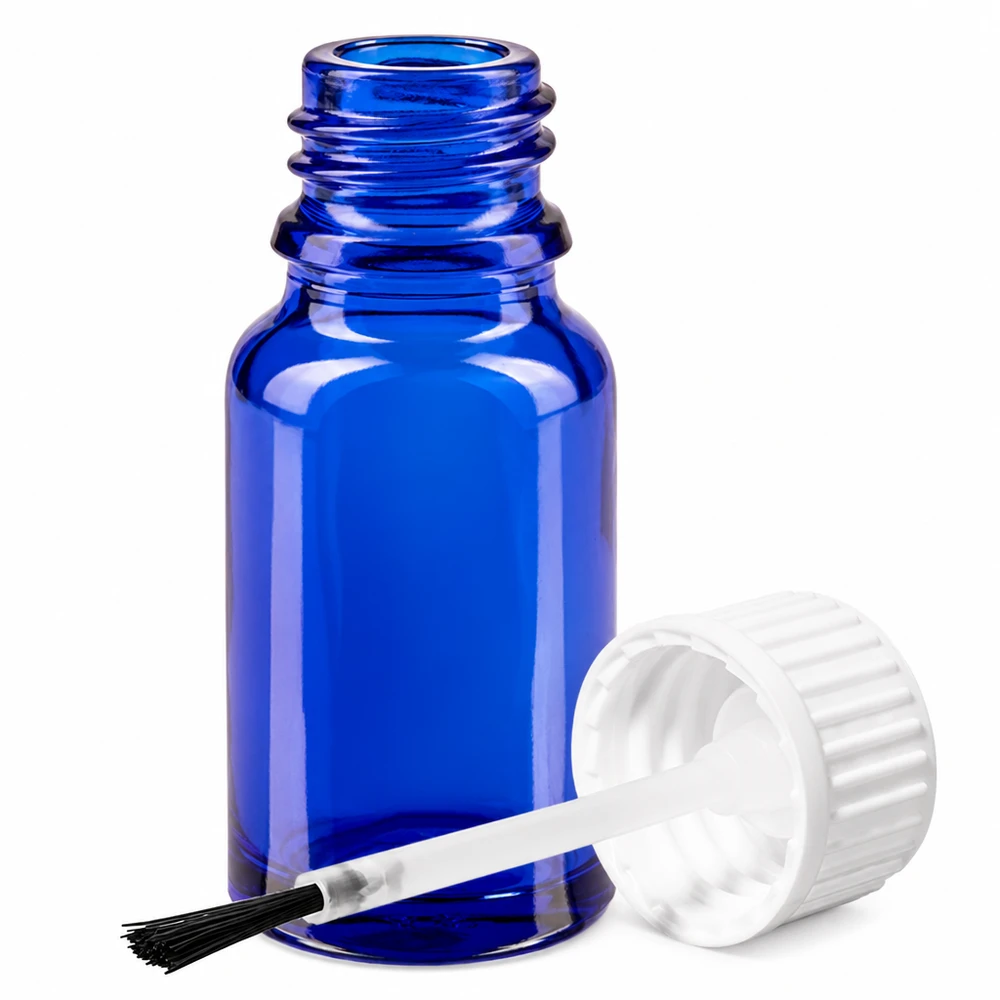 10ml pensselipullo valkoinen vakiokorkki BlueLine UT18/10 Sininen lasipullo 10ml, jossa on sivellinapplikaattori STD BlueLine UT18/10 tarkkaa annostelua varten.