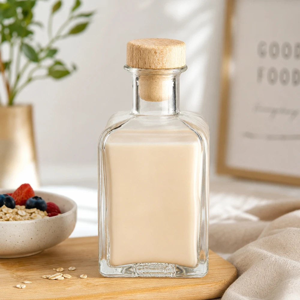 200ml Glasflasche "Clara" mit Holzgriff-Korken UNiTWIST 200ml lasipullo Clara täynnä kauramaitoa puukorkki murokulho marjat kaura terveellinen ravinto aamiainen