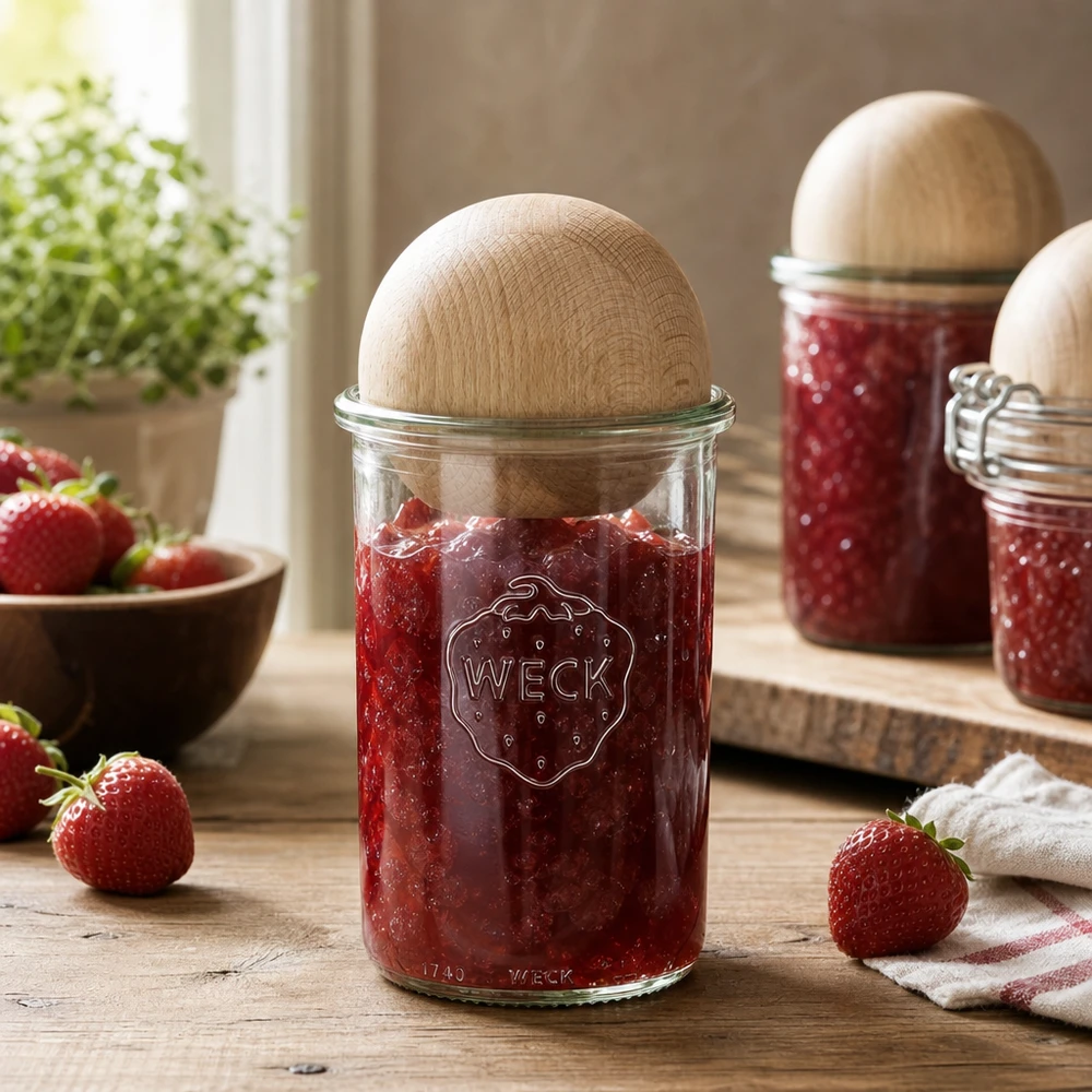 WECK säilöntätölkki 1000ml täynnä mansikkahilloa ja puinen pallokansi maalaismaisessa keittiössä tuoreiden mansikoiden kanssa.