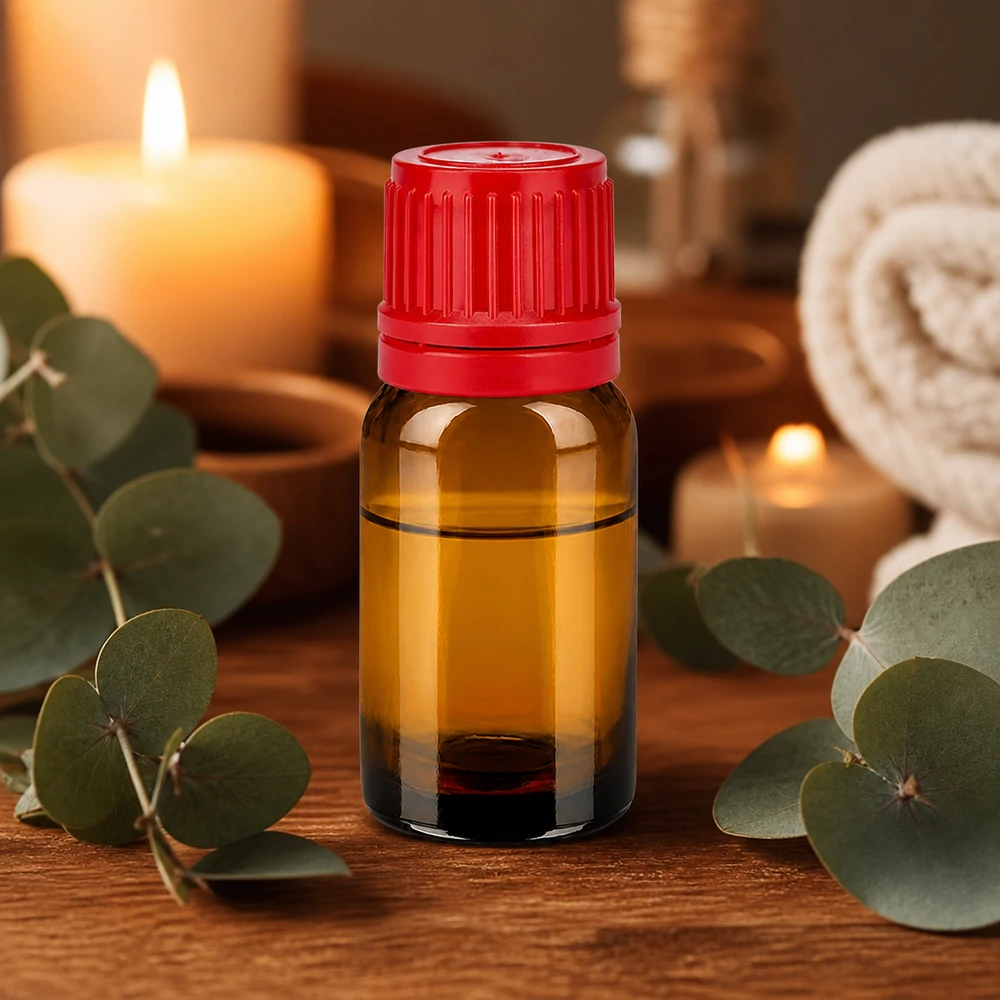 10ml apteekkipullo ruskeaa lasia, jossa punainen korkki aromaterapiaan ja kosmetiikkaan.