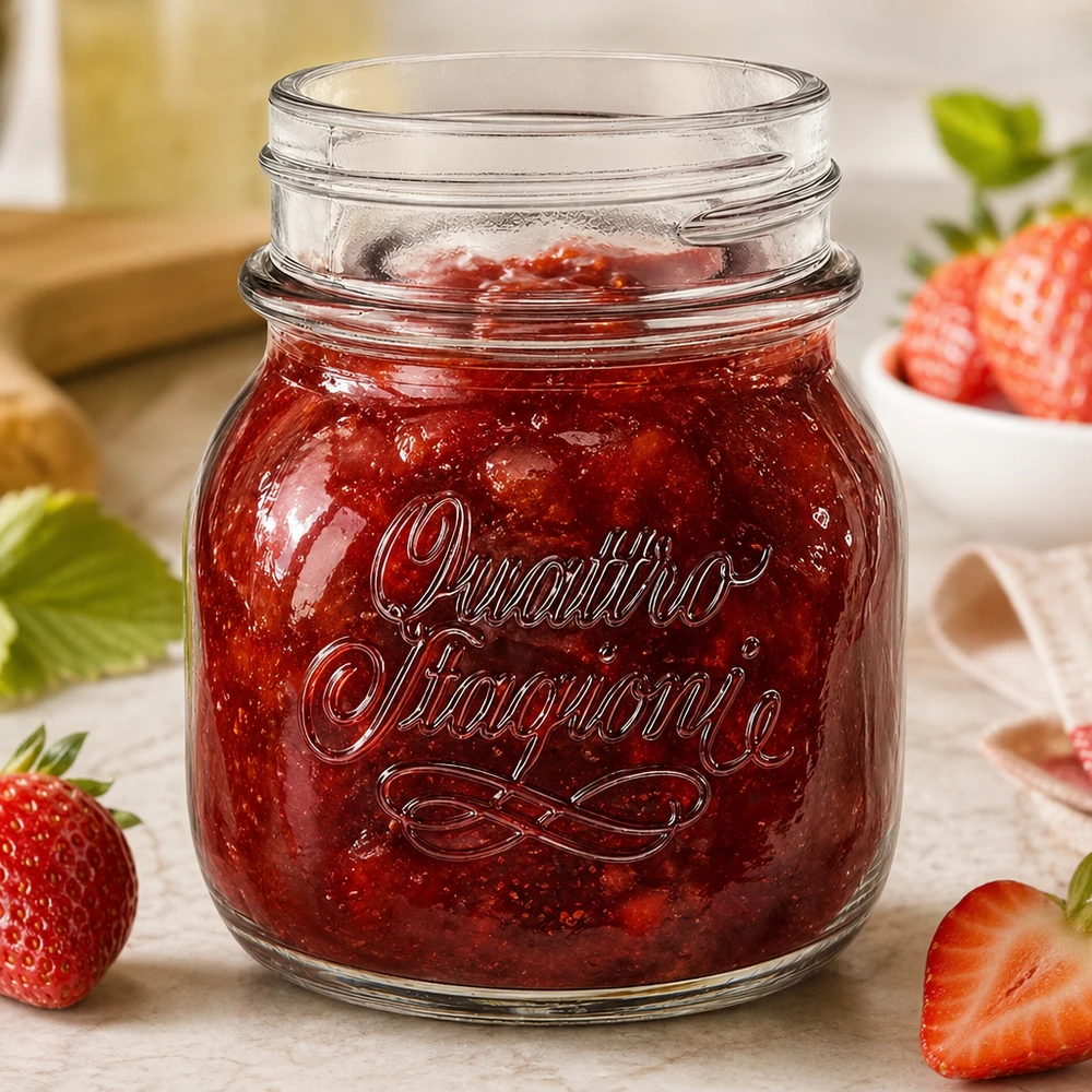 Kotitalouspurkki Quattro Stagioni 150ml täynnä punaista mansikkahilloa tuoreiden mansikoiden vieressä puupöydällä.