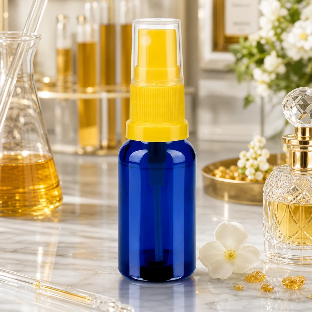 20ml suihkepullo keltainen/läpinäkyvä vakiokorkki BlueLine UT18/20 Kompakti 20ml suihkepullo läpinäkyvällä pumppupäällä BlueLine UT18/20 kosmetiikkaan