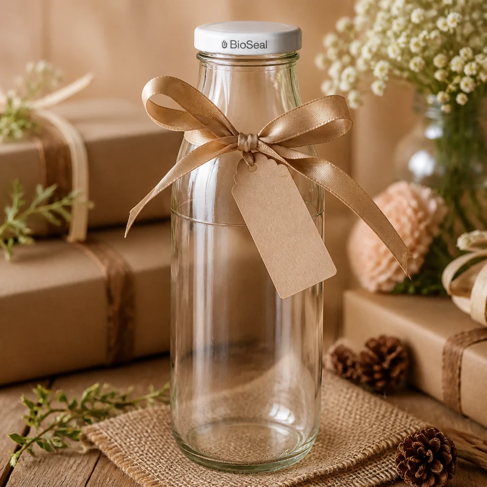 500ml lasipullo + BioSeal-kansi valkoinen UNiTWIST 500ml tyhjä lasipullo lahjapakattuna ruskealla rusetilla ja tunnisteella, valkoinen BioSeal-kansi.