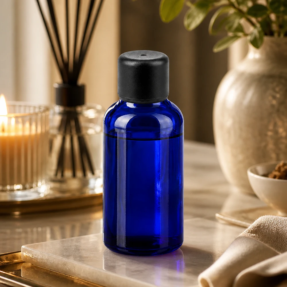 Koboltinsininen 30ml apteekkipullo tippakorkilla aromaterapiaan ja luonnonkosmetiikkaan.