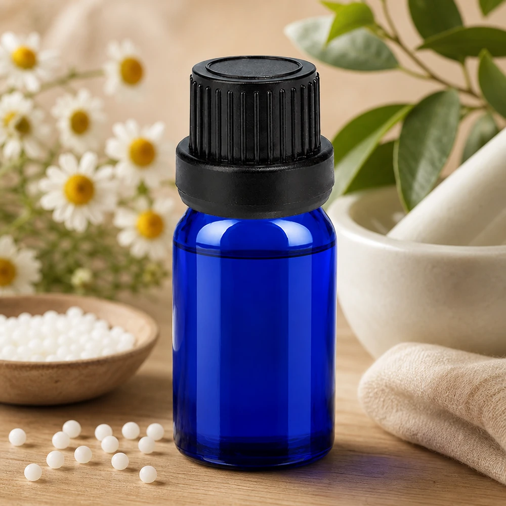 Sininen lasipullo 5ml, jossa on tarkka 2mm tippaeriste OV BlueLine UT18 valvottuun levitykseen.