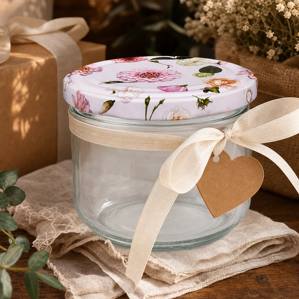 260ml juomalasit + BasicSeal kansi kukka vaaleanpunainen UNiTWIST Sturzglas 260ml mit rosa Blumendeckel als Geschenkverpackung - dekoratives Einmachglas mit Schleife und Herzanhänger