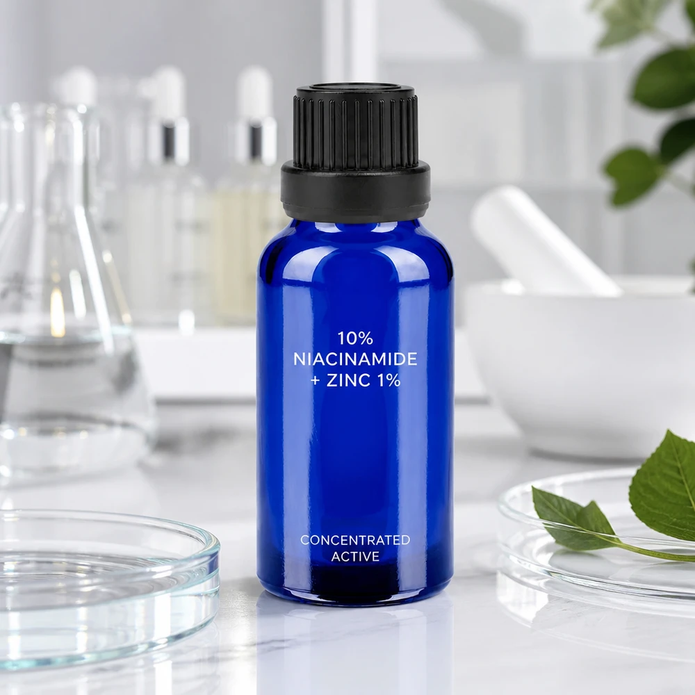 Pieni 20 ml:n lasipullo, jossa on musta korkki, ihanteellinen niasiiniamidiseerumeille ja aktiivisille ainesosille.