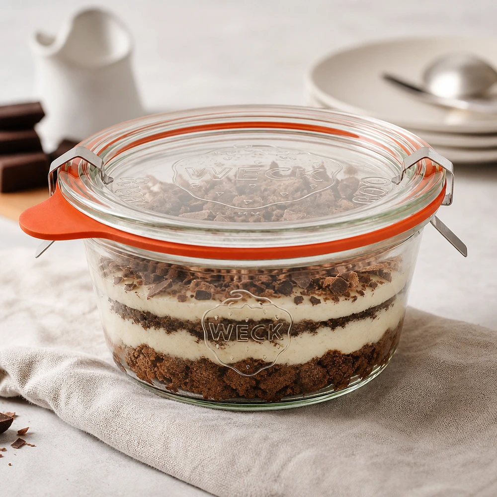290ml tumppupurkki matala täydellinen WECK RR100 WECK tumblers 290ml RR100 täynnä kerroksellinen jälkiruoka Tiramisu osoittaa monipuolisen käytön jälkiruokapurkki