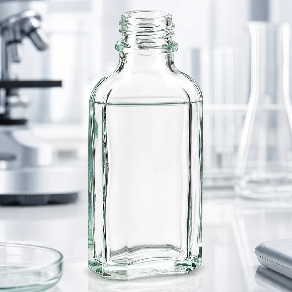 Tyhjä 50 ml:n läpinäkyvä Meplat-pullo, jossa on DIN22-kierrekorkki, laboratoriossa