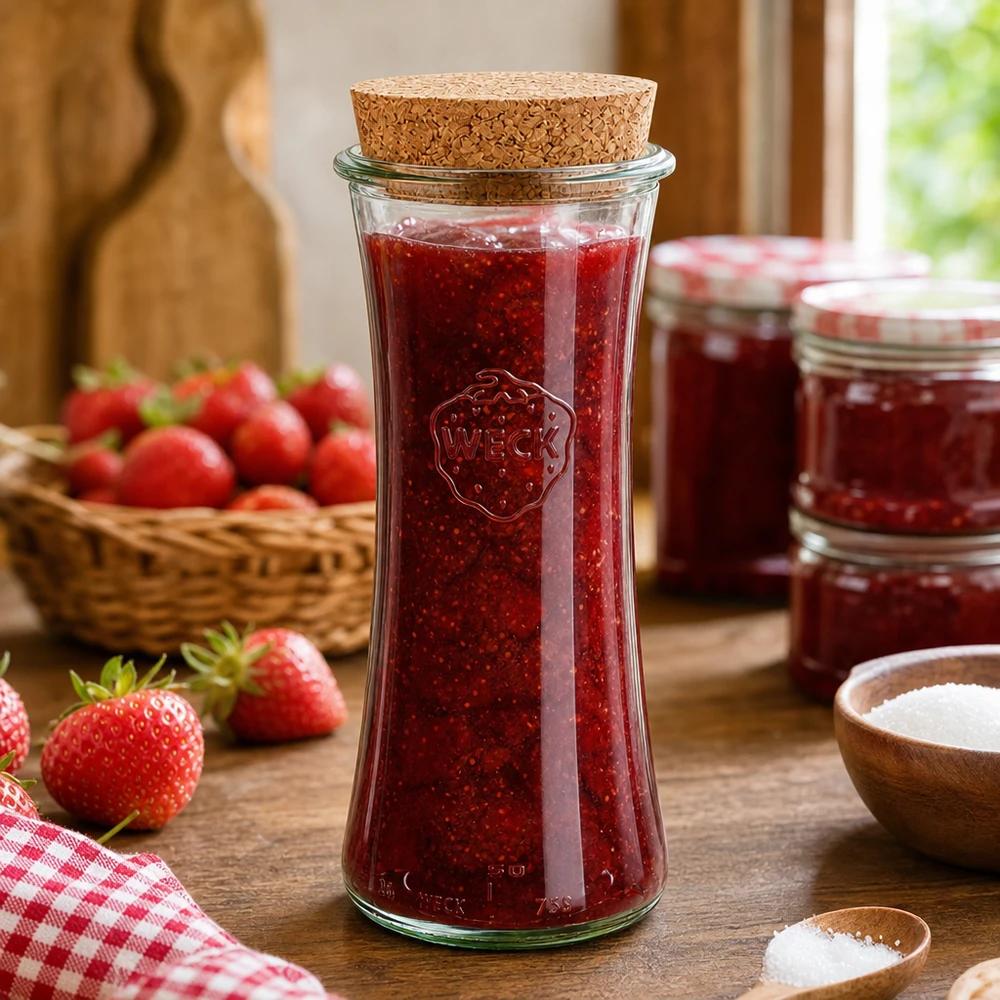 WECK RR80 säilöntätölkki 700ml korkkikannella täynnä mansikkahilloa puupöydällä tuoreiden mansikoiden vieressä.