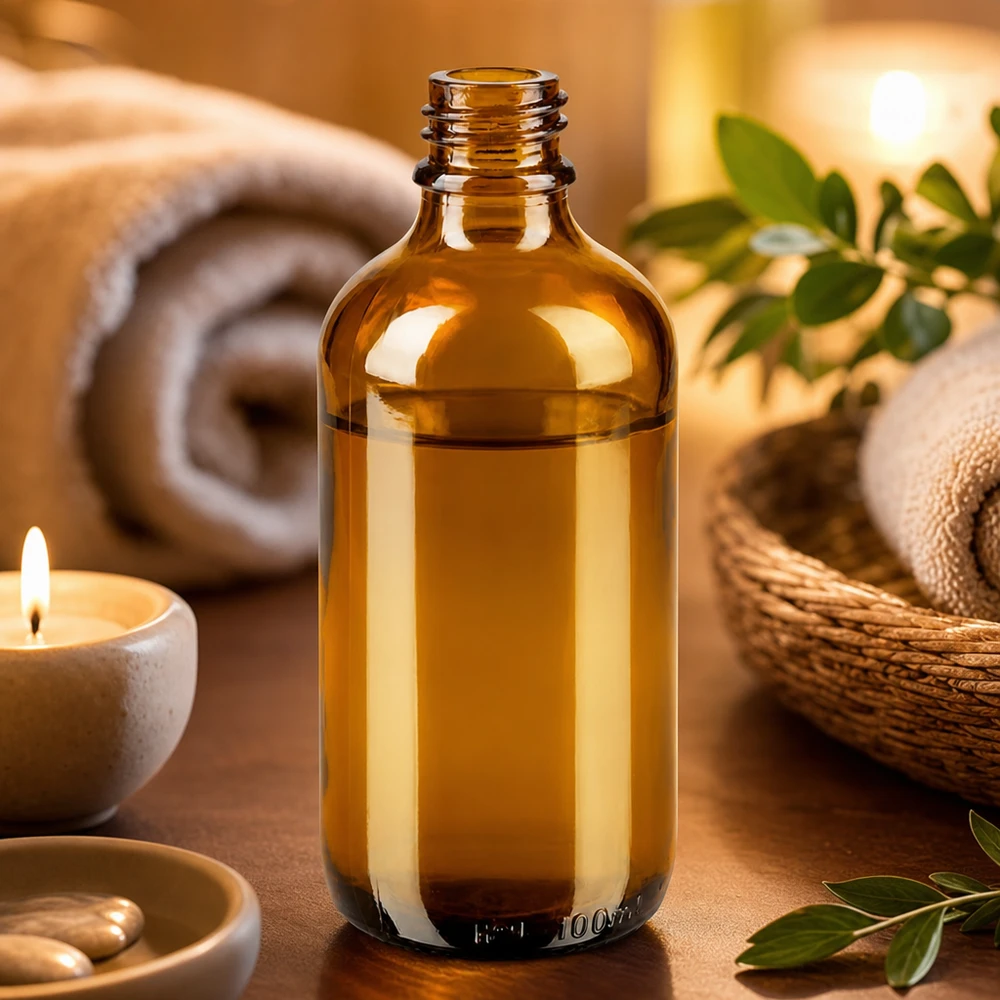 Ruskea 100ml ApoGlas-apteekkipullo lämpimässä wellness-tunnelmassa, jossa on kynttiläpyyhkeitä ja vihreitä lehtiä.