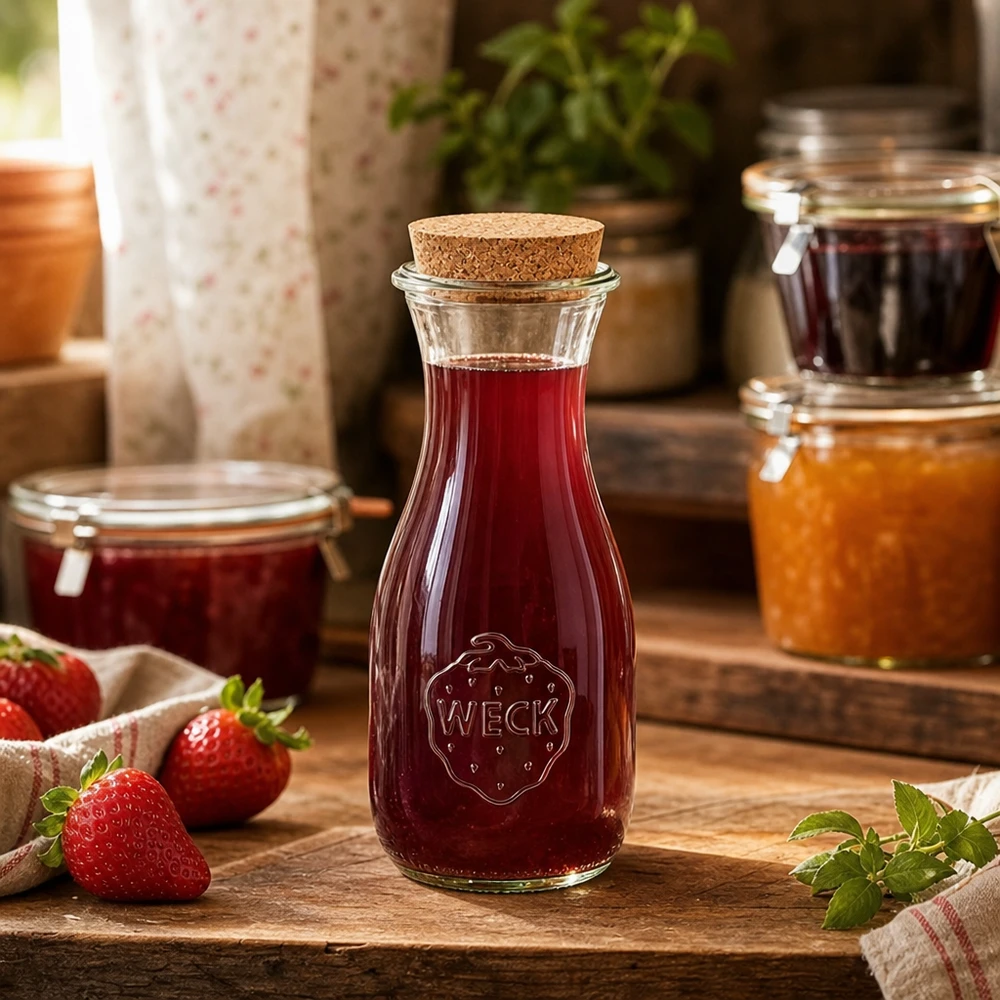 530ml mehupullo WECK RR60 korkilla luonnonmukainen WECK mehupullo 530ml täynnä punaista mehua puupöydällä hillopurkkien ja tuoreiden mansikoiden vieressä Keittiö