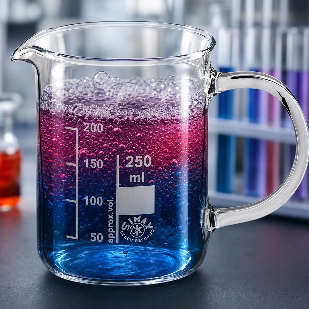 Juomalasi 250ml borosilikaattilasi, kahvalla varustettuna 250 ml:n koeputki, jossa on kahva ja sinivioletti, kuplia sisältävä neste laboratorioympäristössä