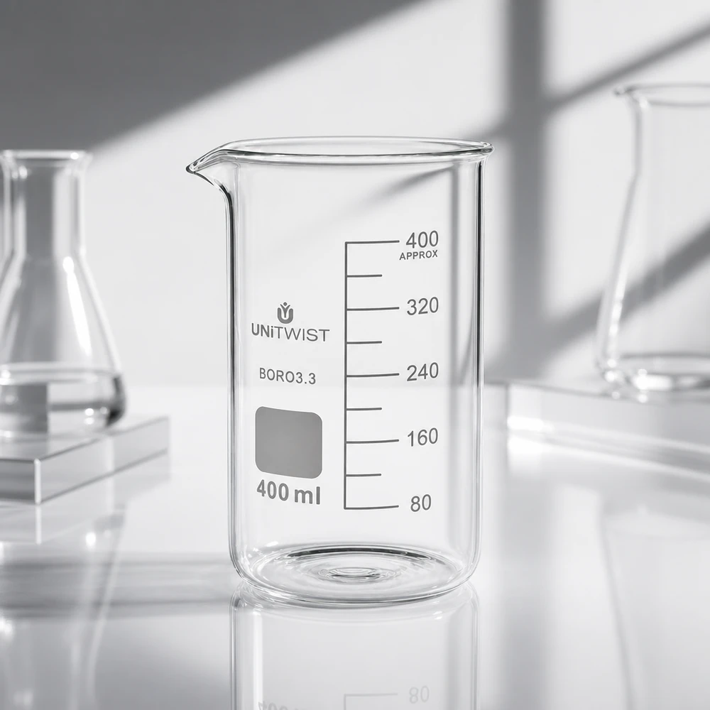 400 ml:n borosilikaattilasi, korkea muotti UNiTWIST Tyhjä, kirkas mittalasi, 400 ml, korkea malli, borosilikaattilasia 3.3, asteikko 80–400 ml, UNITWIST