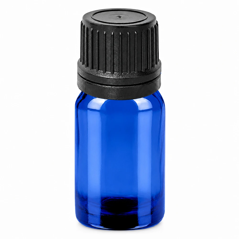 5ml tippapullo 1mm musta väärentämisen estävä korkki BlueLine UT18/5 BlueLine UT18/5 5ml tippapullo sininen mustalla korkilla nesteiden tarkkaan annosteluun.