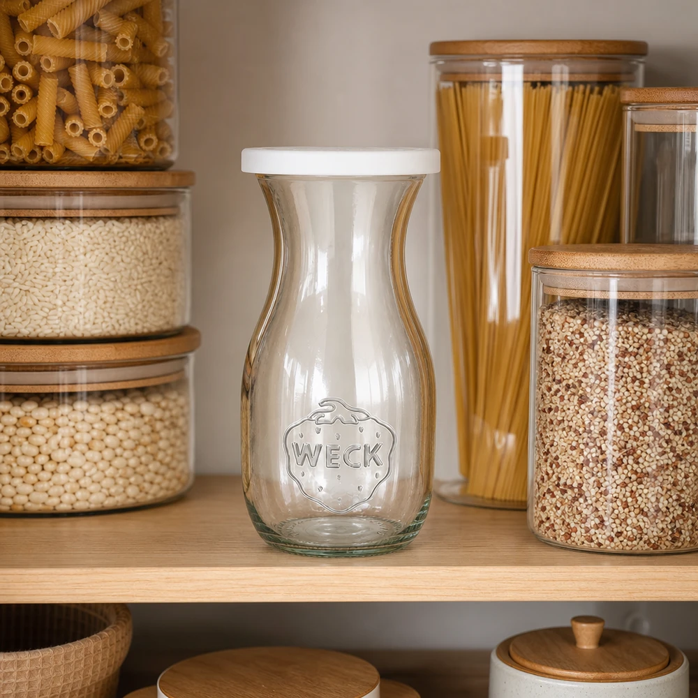 290 ml:n mehupullo tuoreuskannella, WECK RR60 WECK 290ml Saftflasche mit Frischedeckel in moderner Küchenorganisation zwischen Vorratsgläsern mit Pasta und Getreide
