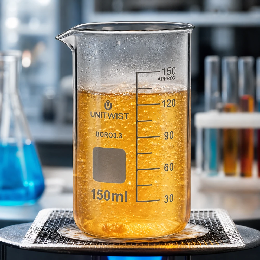 Juomalasi 150ml borosilikaatti, korkea muoto UNiTWIST UNITWIST-lasikulho, 150 ml, korkea malli, borosilikaattia, jossa kiehuvaa oranssinkeltaista nestettä lämmityslevyllä