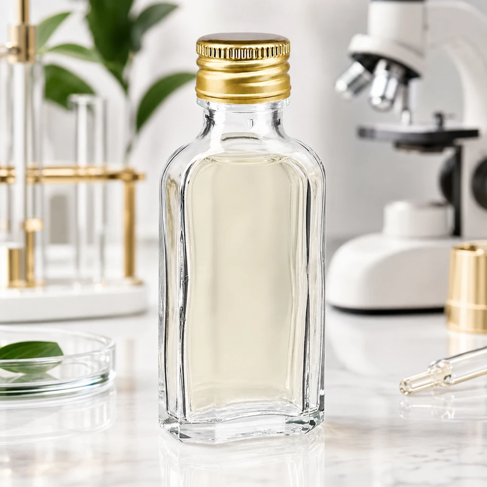 Läpinäkyvä Meplat-minipullo, 50 ml, kultaisella kiiltävällä alumiinisella kierrekorkilla (PP22) tiedelaboratoriossa