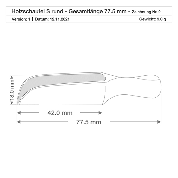 Puulapio koko S puoliympyrän muotoinen - 75mm pitkä. Yksityiskohtainen mittapiirustus pienestä pyökkilapiosta, jossa lapion pituus on 42 mm ja korkeus 18 mm sivukuva.